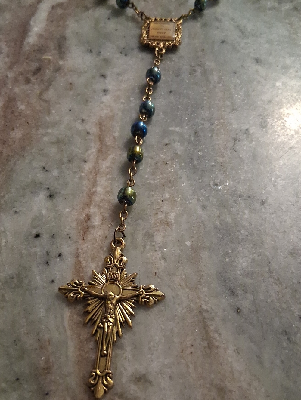 Gold-Tone Crucifix Rosary Necklace with Blue-Green Beads